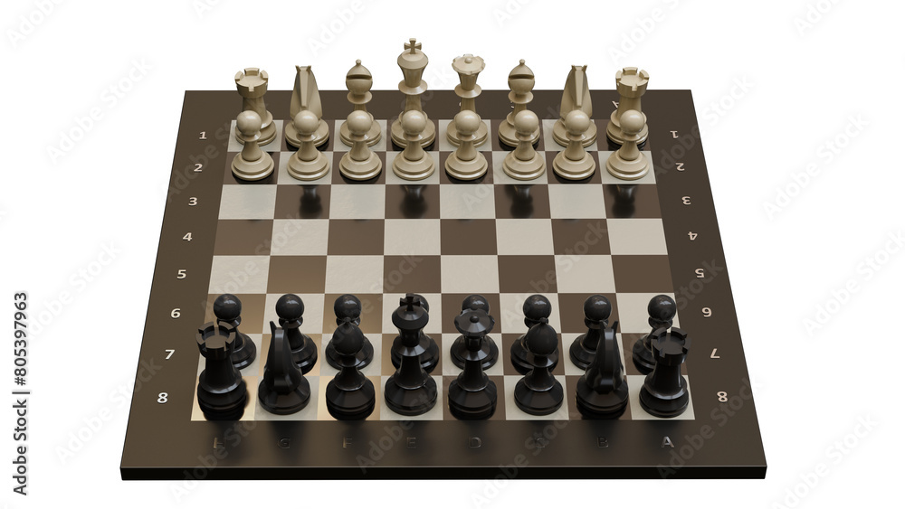 Chess pieces on the board in the starting position. Isolated. Transparent background. 3D Rendering. Chess pieces on the board in the starting position. Isolated. Transparent background. 3D Rendering.