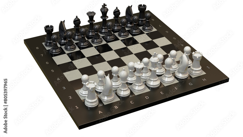 Chess pieces on the board in the starting position. Isolated. Transparent background. 3D Rendering. Chess pieces on the board in the starting position. Isolated. Transparent background. 3D Rendering.