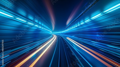 Blue technology light speed background with blue and white lines, dark night sky with road to the horizon, motion blur effect. A high speed car or train moving fast on the highway with a motion 