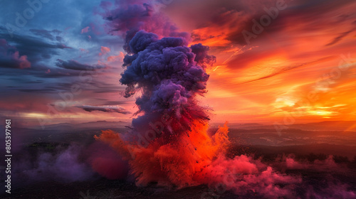 A dramatic burst of smoke in a spectrum of sunset hues--vibrant orange, deep red, and purple--against a darkening sky. photo