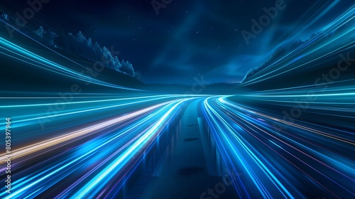 Blue technology light speed background with blue and white lines, dark night sky with road to the horizon, motion blur effect. A high speed car or train moving fast on the highway with a motion  © horizor