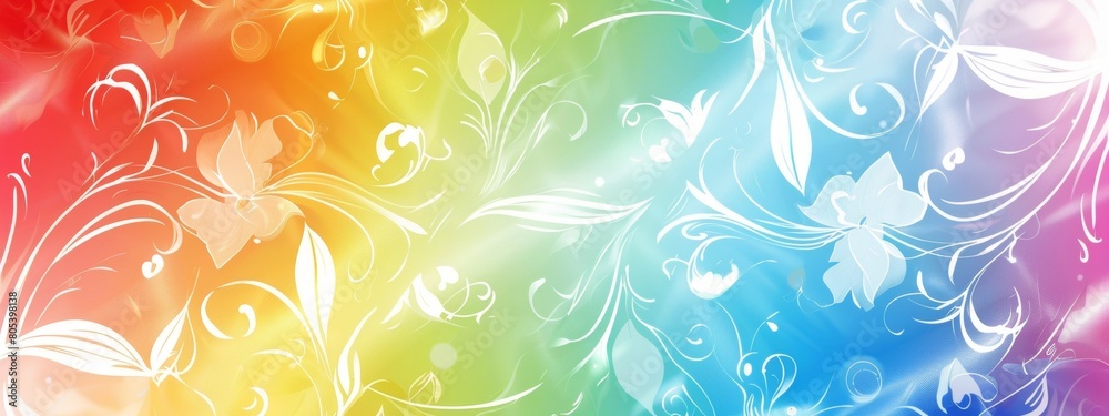 Rainbow colored background with white swirls and a floral pattern in the style of nature. Rainbow colored background with white swirls and a floral pattern in the style of nature.