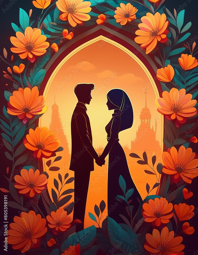 illustration of couple on flower frames