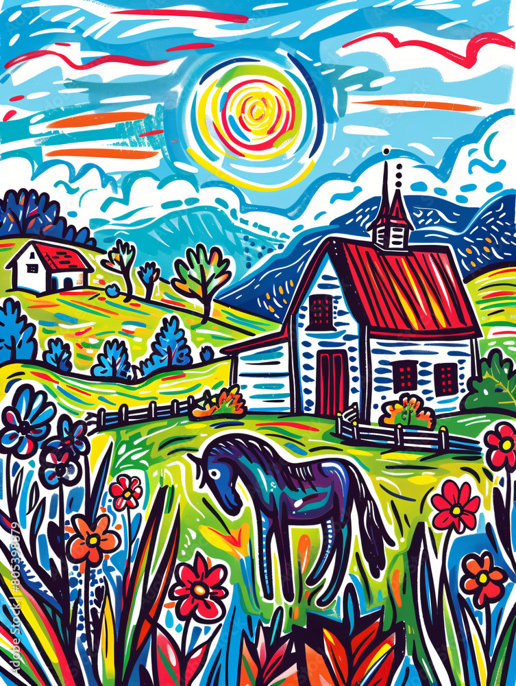 Colorful countryside landscape with horses and farmhouses. Vibrant expressionist style illustration. Summer countryside and rural life concept for design and print
