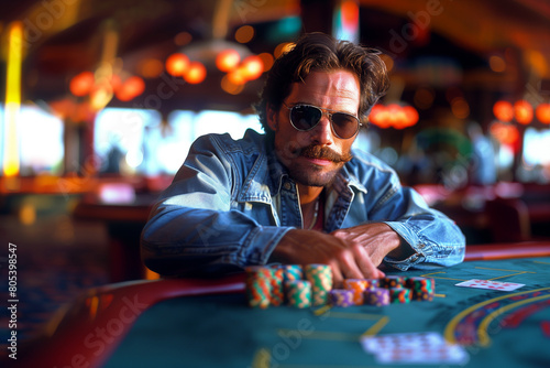 Poker or Blackjack player. The man is sitting, plays with chips on a casino cards table with sunglasses 
