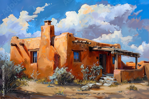 Pueblo Style House (Oil Painting) - Originated in the southwestern United States in the early 20th century, characterized by thick adobe walls, flat roofs, and a simple, functional design photo