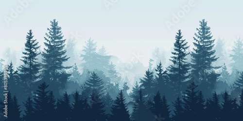 A landscape painting depicting a foggy forest with larch trees standing tall against the misty sky  evergreen branches blending into the natural landscape