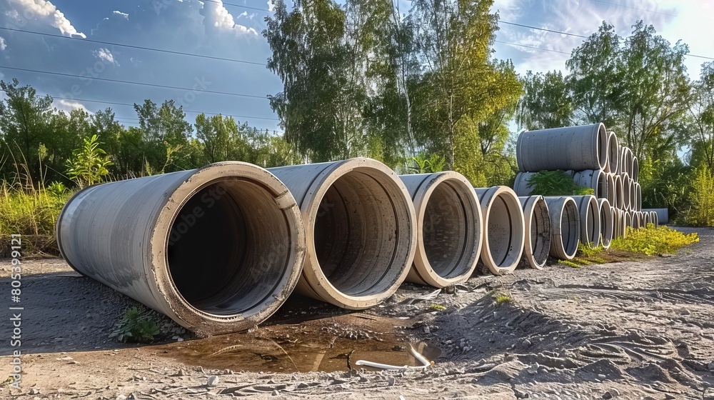 Large concrete sewage pipes stored in an outdoor setting with trees in the background.