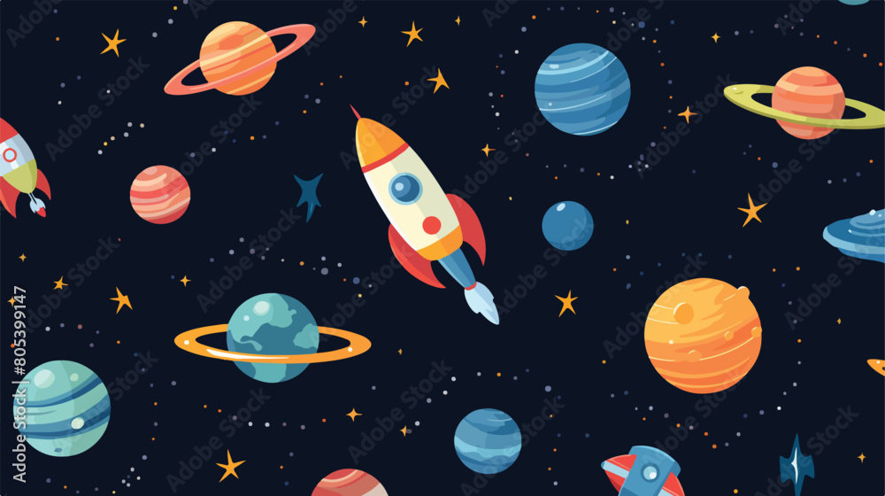 Seamless pattern with spaceships and rockets in spa