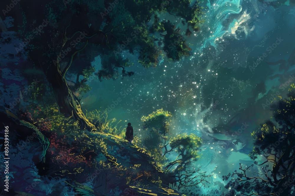 Fototapeta premium A person is standing in front of a tree in a forest