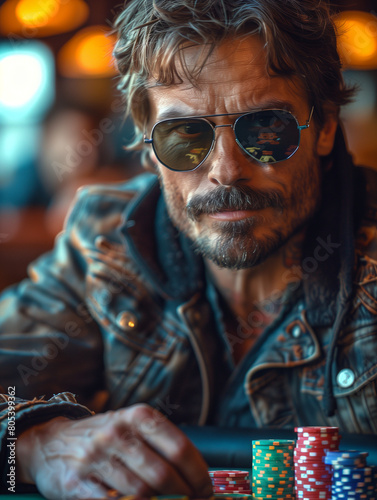 Poker or Blackjack player. The man is sitting, plays with chips  on a casino cards table with sunglasses 