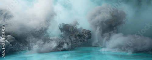 Deep grey smoke abstract background against a bright cyan floor, dramatic and bold. © Adnan