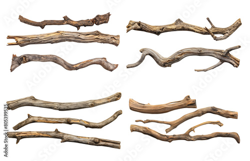 Collection of old wood branches isolated on white or transparent background photo