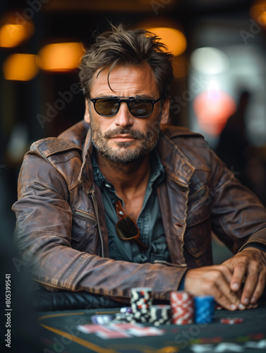 Poker or Blackjack player. The man is sitting, plays with chips  on a casino cards table with sunglasses 