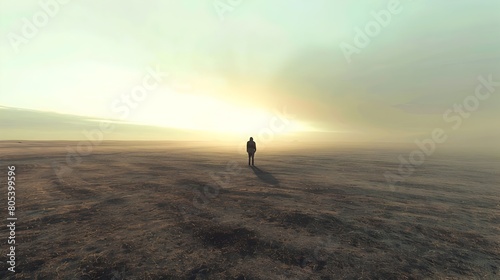 Solitary Figure in Vast Open Field Tranquil Isolation in Rural Landscape