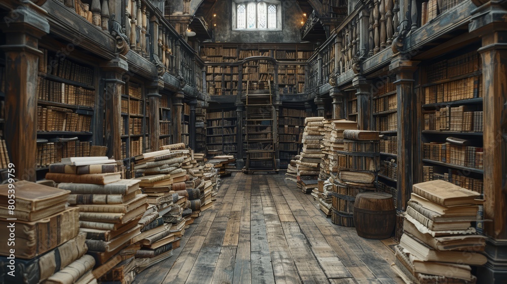 Medieval castle library, scrolls and tomes, historical learning Medieval castle library, scrolls and tomes, historical learning