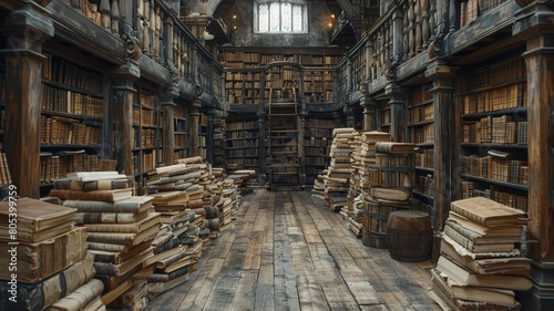 Medieval castle library, scrolls and tomes, historical learning