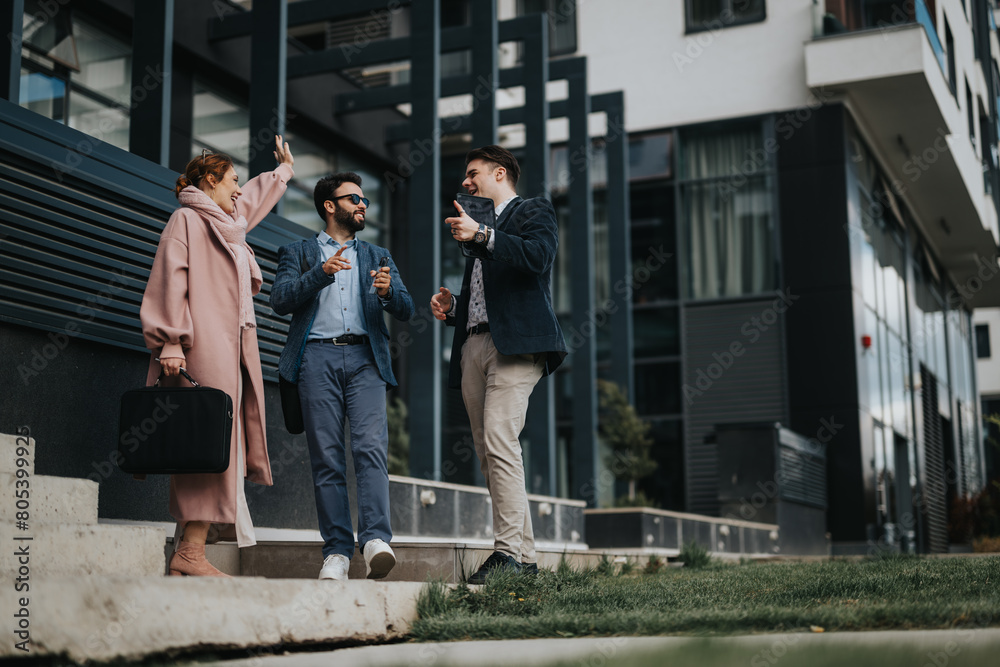 Three young entrepreneurs engaged in a strategic discussion outdoors, with the woman gesturing while holding a file and two men listening attentively.