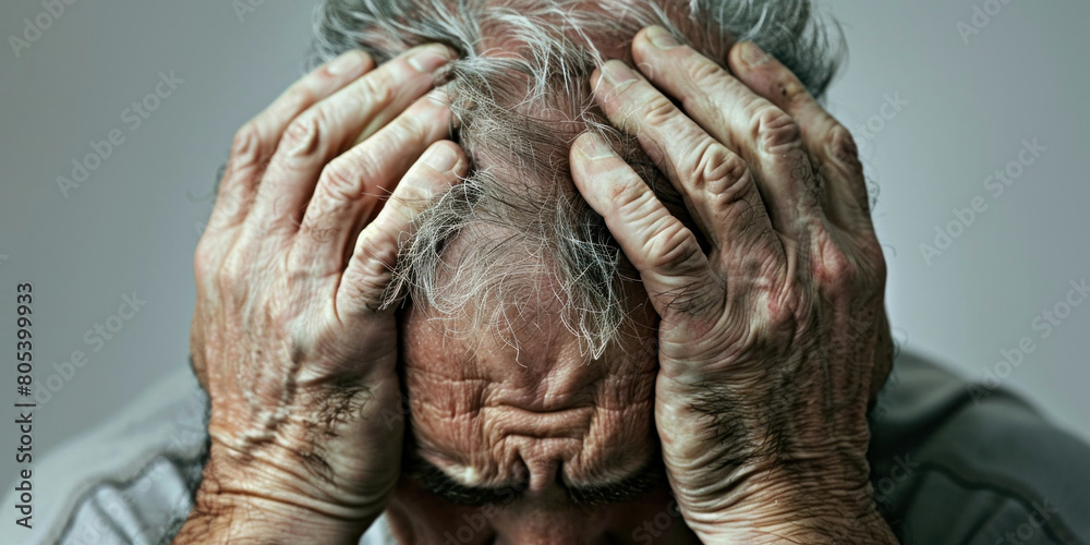 Senior man feeling overwhelmed, holding head in hands and looking down in despair and sadness