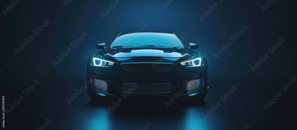Luxury black sports car with running lights on black background.