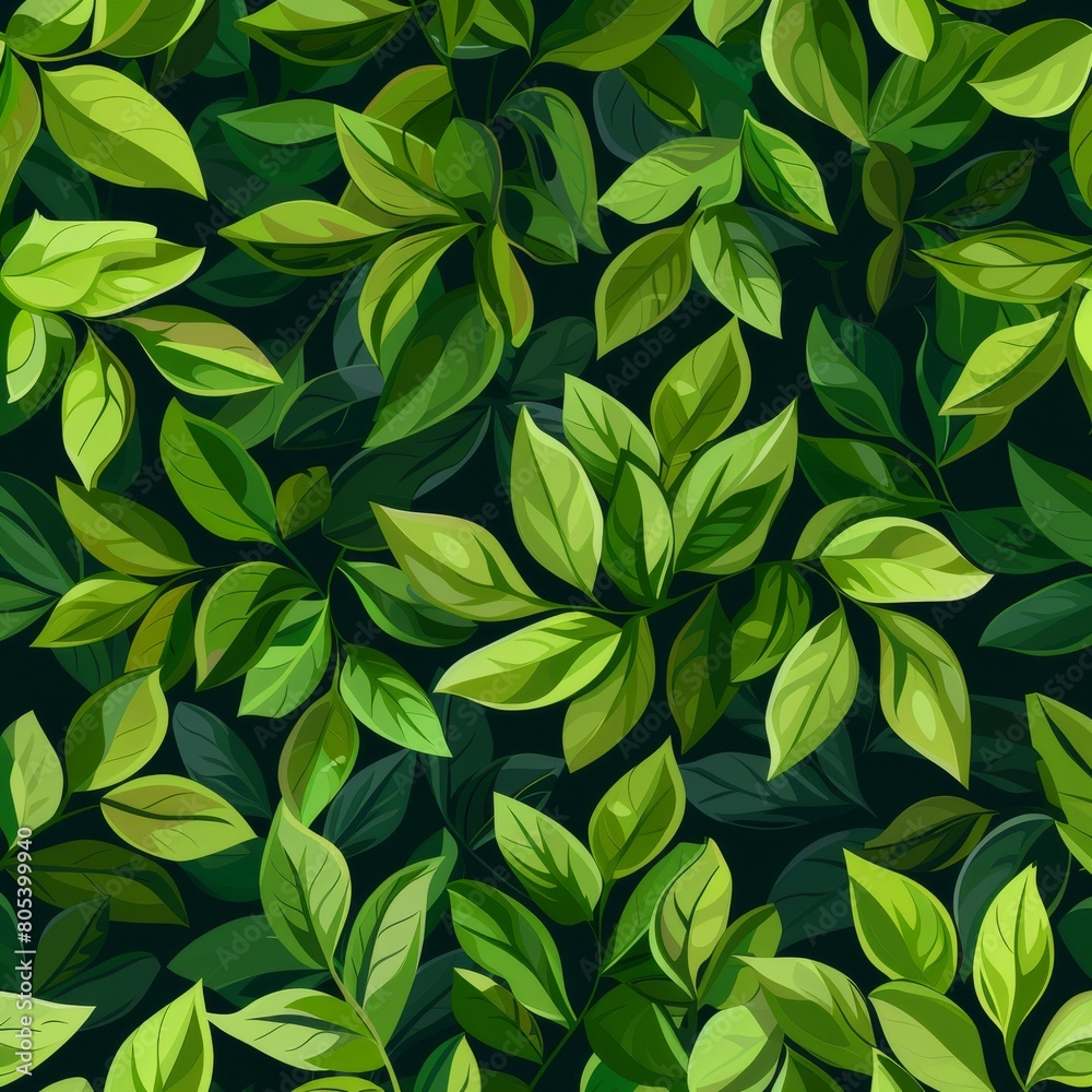 An artistic pattern of green leaves on a dark background creates a seamless design resembling a lush groundcover of various terrestrial plants, shrubs, and herbs, forming a beautiful rectangle