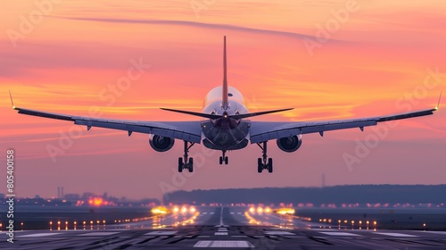 Airplane taking off from the airport, front view. A large passenger airplane takes off from the runway. The landing gear is still not removed, rear view against the evening sky. Traveling concept.