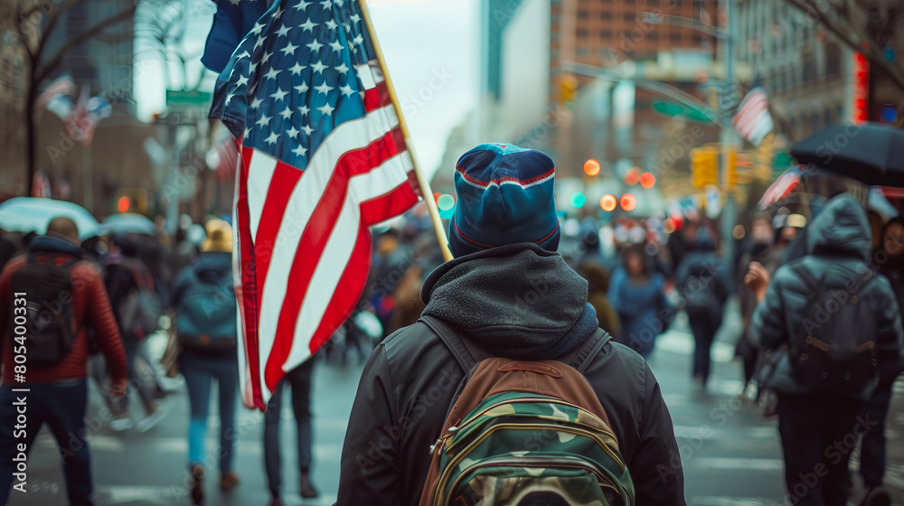 Naklejka premium A person with an american flag walking down a street.