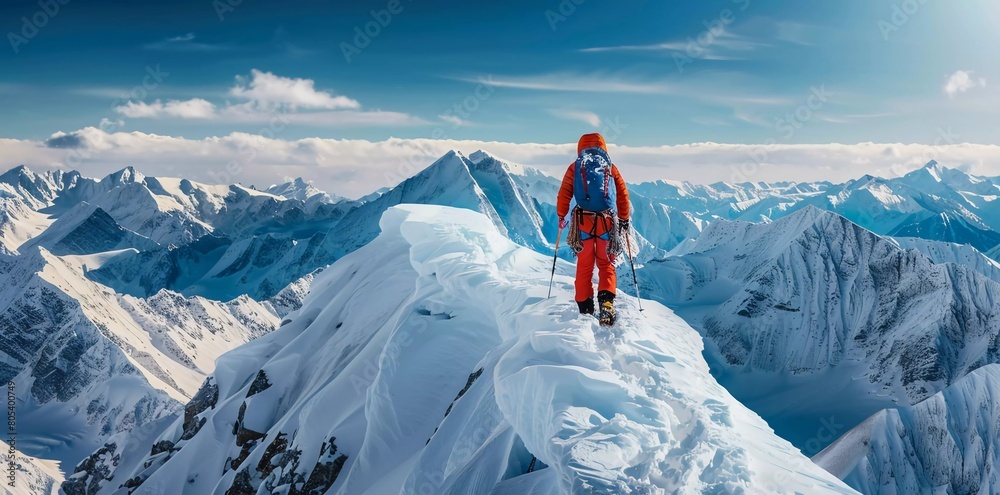 Climber at the top of winter mountains landscape.
