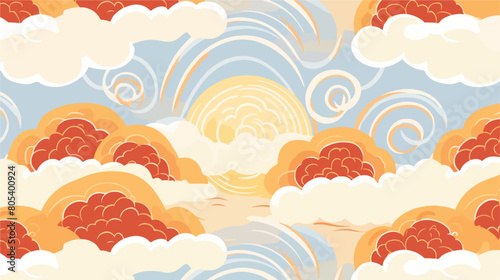 Seamless pattern with sun and clouds in traditional