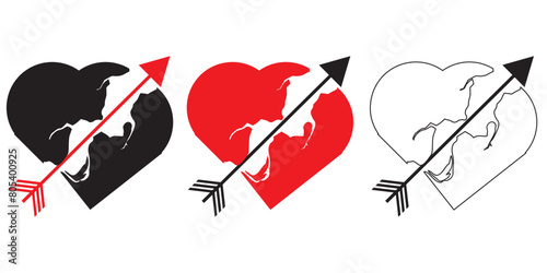  One Arrow On The Reason Of The Crack Heart. Icons Of Hearts With Arrows. Loss From A Stab Depicting A Wounded Heart. Emoticons Hearts. Vector Images Pro Heart . Isolated On Transparent Background.