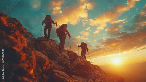 Trekking trio on a steep mountain path during sunset, representing goals and teamwork, concept of camaraderie and outdoor exploration photo