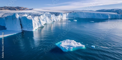Icebergs and ice from a glacier in the arctic natural landscape in Ilulissat, Greenland. Aerial drone photo of an iceberg on the Ilulissat iceberg. photo