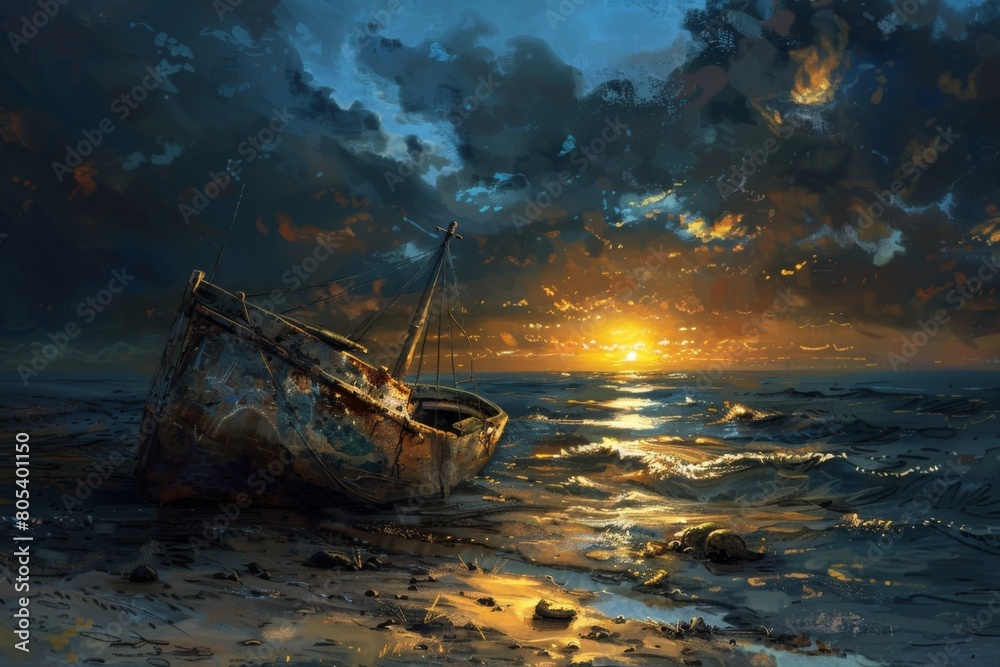 A boat is floating in the ocean with the sun setting in the background A boat is floating in the ocean with the sun setting in the background