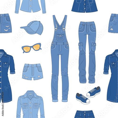 Denim clothes collection. Different types of blue jeans pants, jeans jacket, shirt, shorts, skirts, overalls, cap and sneakers, vector seamless pattern background