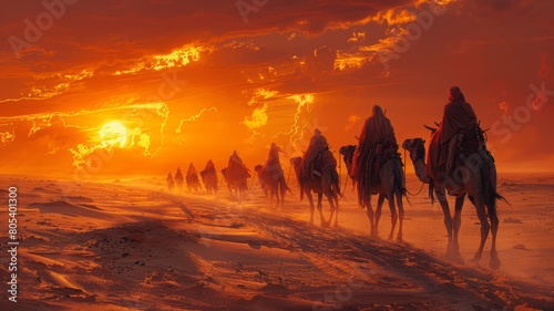 Sunset camel caravan in the Middle Eastern desert