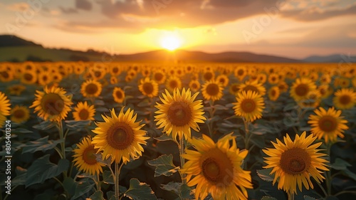 Sunflower fields at sunset, endless golden hues