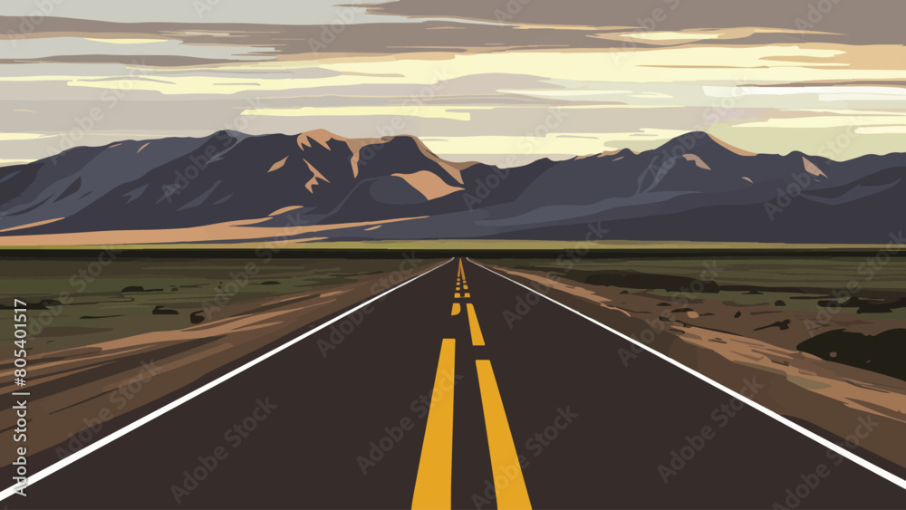 A picturesque landscape of a straight road stretching into the horizon ...