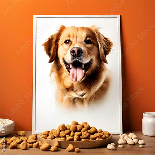 pet food texture poster with Small dog with expressive eyes sitting   dog food on a wooden floor  Pet care and feeding concept. Design for pet food packaging  poster  .generate ai