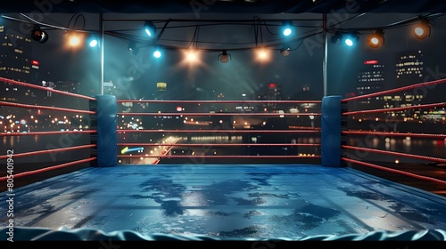 Boxing ring with illumination by spotlights. digital effect 3d render.