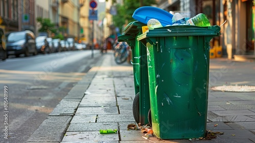 A Green Garbage Can on the Sidewalk, Promoting Proper Waste Management