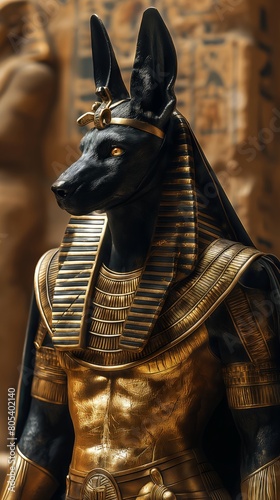 Anubis. Portrayal of Anubis in the Hall of Maat, conducting the Weighing of the Heart ceremony. Anubis, with intricate jackal features, photo