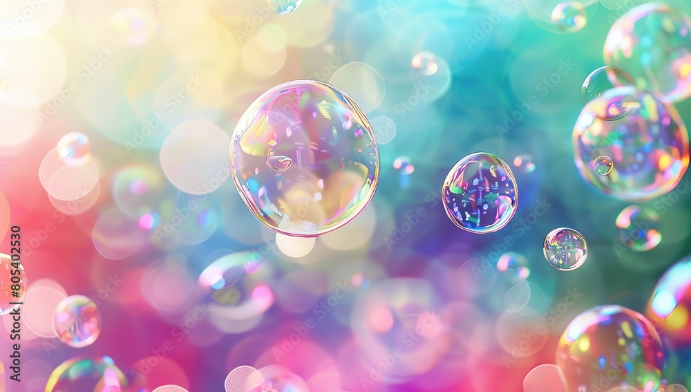 abstract pc desktop wallpaper background with flying bubbles on a colorful background. aspect ratio