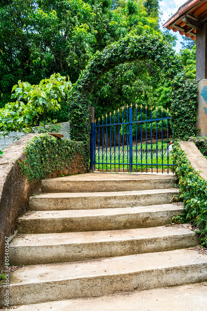 Farm with beautiful blue gate decorated with plants. Staircase. Trees.