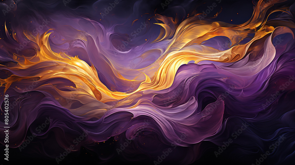 Obraz premium Contemporary Art of Purple and Gold Color Wavy Brush Strokes on Canvas