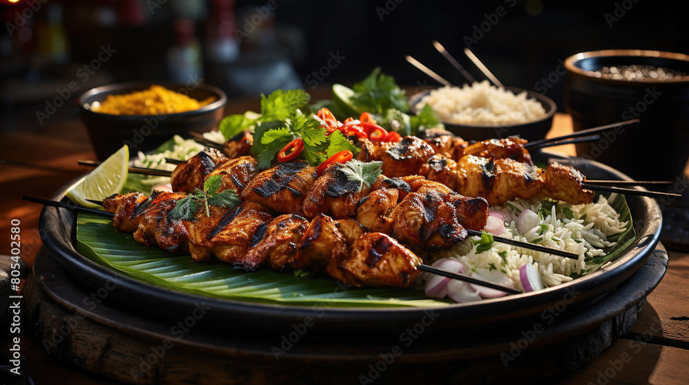 Delicious Grilled Meat Stick Skewers With Salad and Sauce On Defocused Background Delicious Grilled Meat Stick Skewers With Salad and Sauce On Defocused Background