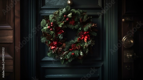 A door decoration featuring a wreath with a red bow.