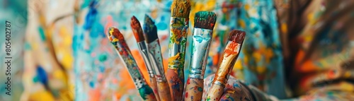 A person is holding a bunch of paintbrushes with paint on them