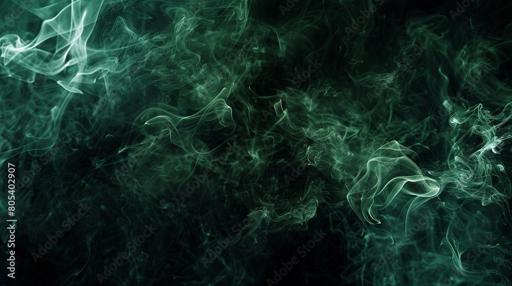 A mysterious and moody abstract of smoke in dark green and black, swirling intensely against a shadowy background, evoking a sense of mystery and intrigue.