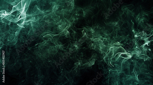 A mysterious and moody abstract of smoke in dark green and black, swirling intensely against a shadowy background, evoking a sense of mystery and intrigue.