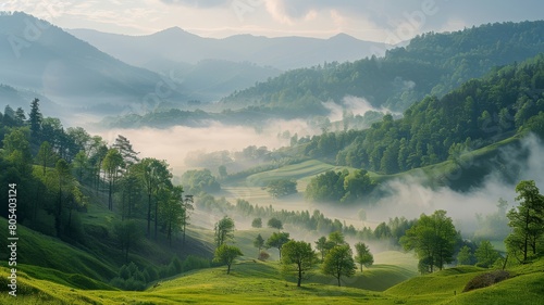Serene Easter morning in a misty mountain valley